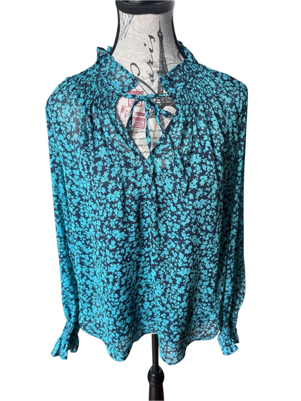 LOFT Teal and Navy Blue Floral Tie-Neck Blouse